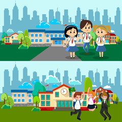 Back to school concept for banner, Children stand near school building and happy at beginning of the education year, students with backpacks and in uniform entered college vector illustration