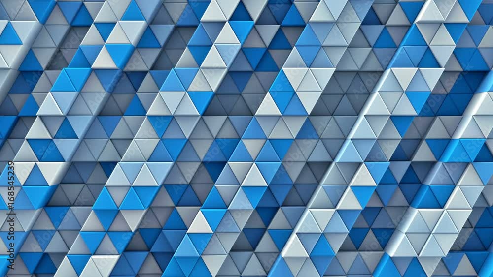 Poster white and blue linear extruded triangles slowly moving. abstract geometric background. 3d render sea