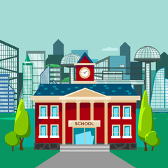 Obraz na płótnie Canvas modern school buildings exterior, student city concept, elementary school facade urban street background, icon vector illustration
