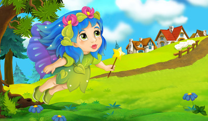 Obraz na płótnie Canvas Cartoon background of fairy flying in the forest near the village - illustration for children