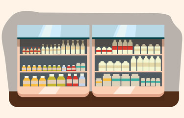 dairy department, milk shelf with fresh healthy food in supermarket, big choice of organic farm products sale in food shop interior, store with yogurt and cheese vector illustration