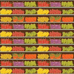 fruit and vegetables shelf with fresh healthy food in supermarket, big choice of organic products sale in food shop interior, store vector illustration