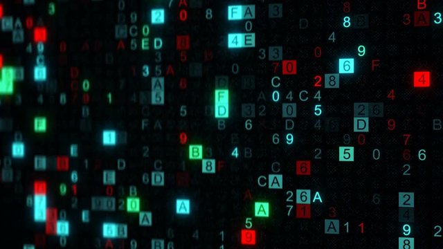 Digital data hex code on screen. Abstract information technology concept. Computer generated seamless loop animation rendered with DOF 4k UHD (3840x2160)
