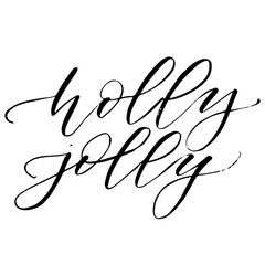 Holly Jolly handwritten phrase. Christmas modern calligraphy lettering. Vector illustration for greeting cards, posters, banners. Black and white.