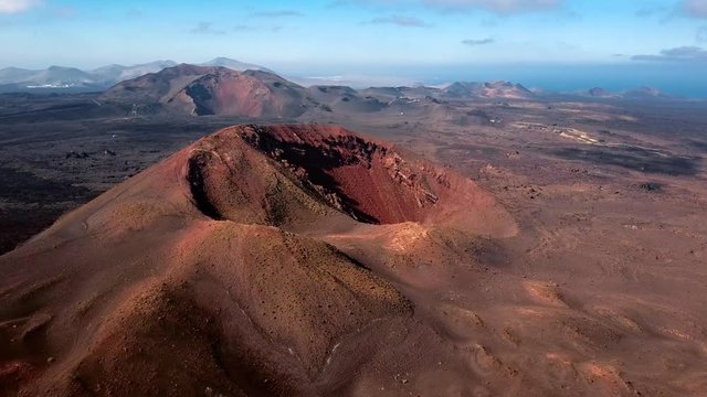 Aerial view of Volcanic valley near Timanfaya National Park, Lanzarote, Canary islands, Spain