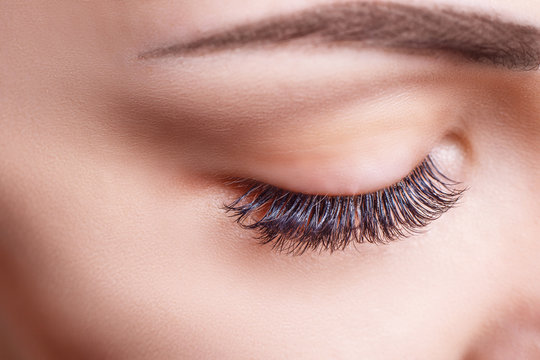 Eyelash Extension Procedure. Woman Eye with Long Eyelashes. Lashes, close up, macro, selective focus.