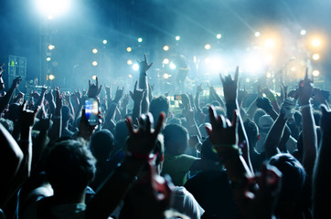 silhouettes of concert crowd in front of bright stage lights