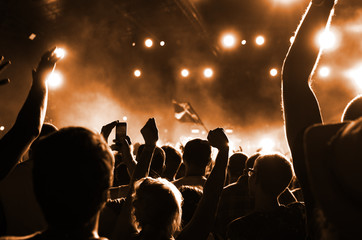 Concert crowd in front of bright stage lights. Silhouettes of people.