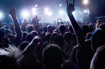 silhouettes of people at a concert in front of the scene in bright light.