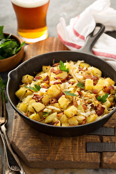 Fall side dish with fried cabbage, potatoes and bacon