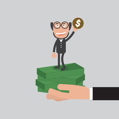 Businessman Raise Hand Up With A Coin Refer To Be A Millionaire Concept Vector Illustration