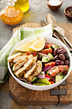 Grilled chicken and fresh vegetables chopped salad