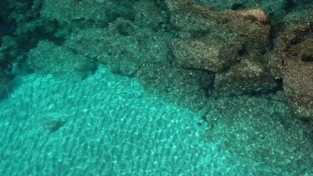 Beautiful panorama of rocks and turquoise mediterranean sea at landmark Cape Greco Cyprus. Seashore at summer calm crystal water