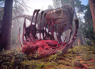 A 3D rendering of Tyrannosaurus Rex feeding on a sauropod carcass.