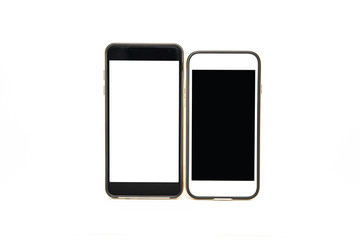 Vertically two mobile phones, cellphones with blank screens isolated on white background 