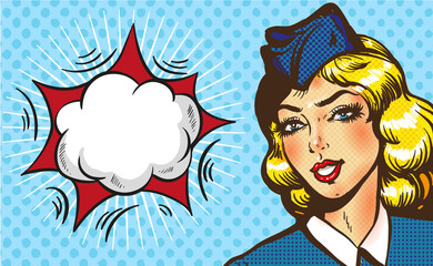stewardess airplane travel tourism pop art retro style. Business concept success. Aviation transportation and flights