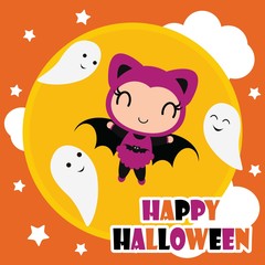 Cute bat girl fly with ghosts on the sky vector cartoon illustration for halloween card design, wallpaper and kid t-shirt design