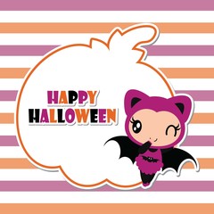 Cute bat girl on pumpkin frame vector cartoon illustration for halloween card design, wallpaper and kid t-shirt design