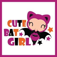 Cute bat girl with stars vector cartoon illustration for halloween card design, wallpaper and kid t-shirt design