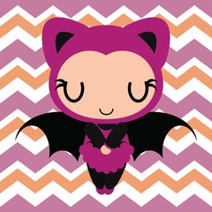 Cute bat girl sleeps on chevron background vector cartoon illustration for halloween card design, wallpaper and kid t-shirt design