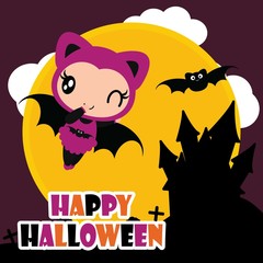 Cute bat girl fly with black bat vector cartoon illustration for halloween card design, wallpaper and kid t-shirt design
