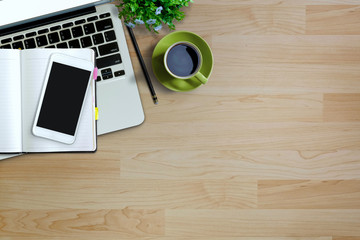 Mock up : Wood modern work space desk table with desktop computer,