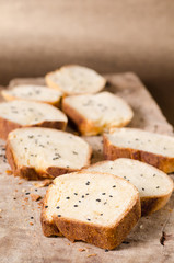Sliced sesame bread on rustic wooden,Homemade bakery cooking at home,Healthy food