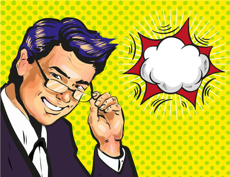 Male Business Coach Or School Teacher In Glasses With Speech Bubble Pop Art Comic