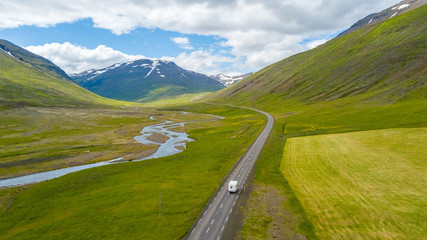 Aerial view beautiful of motorhome on the road, Road trip at north land in Iceland