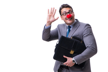 Funny clown with briefcase on white