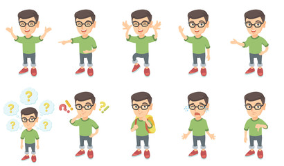 Little caucasian boy set. Boy in glasses standing with hands raised in the air, making grimace, waving hand, showing thumb down. Set of vector sketch cartoon illustrations isolated on white background
