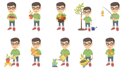 Little caucasian boy set. Boy holding the basket with strawberry, blueberry, fruit, vegetables, watering plant, planting a tree. Set of vector sketch cartoon illustrations isolated on white background