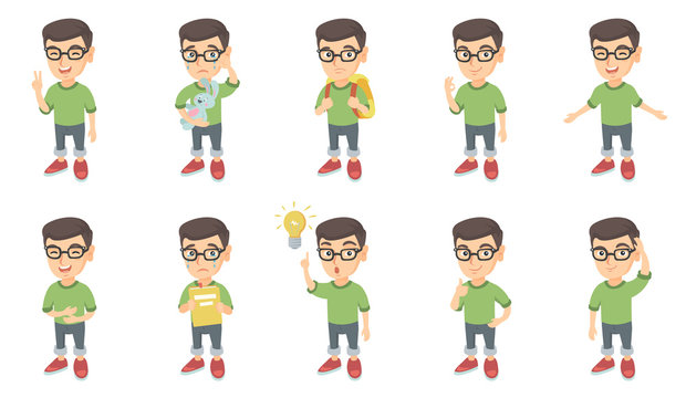 Little caucasian boy set. Boy in glasses showing victory gesture, ok sign, crying, pointing finger at bulb, giving thumb up. Set of vector sketch cartoon illustrations isolated on white background.