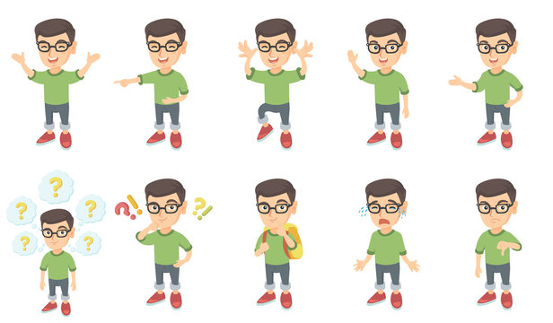 Little caucasian boy set. Boy in glasses standing with hands raised in the air, making grimace, waving hand, showing thumb down. Set of vector sketch cartoon illustrations isolated on white background