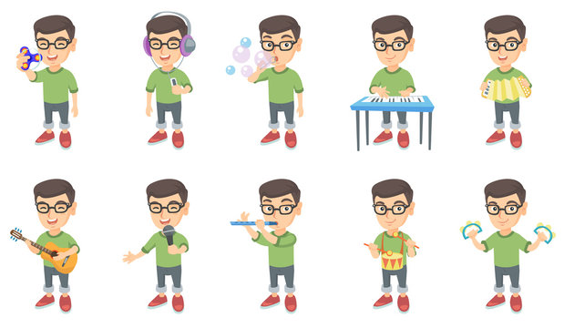 Little caucasian boy set. Boy blowing soap bubbles, playing the piano, accordion, acoustic guitar, flute, drum, tambourine. Set of vector sketch cartoon illustrations isolated on white background.