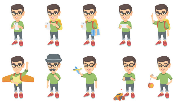 Little caucasian boy set. Boy using a smartphone, pointing finger up, playing with toy airplane, radio-controlled car, yo-yo. Set of vector sketch cartoon illustrations isolated on white background.