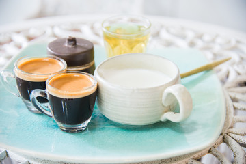 cup of tea, milk, coffee on wooden background.Milk tea chai latte refreshing organic healthy traditional hot beverage drink with natural aroma spices blend in porcelain cup on wooden table background