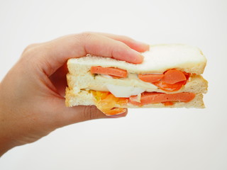 Hand holding sausage and tomato sandwich