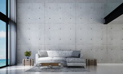 3D rendering interior design of loft living room and concrete wall texture and sea view