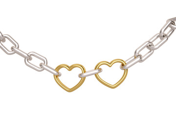 Silver chain with two gold heart links on white background.3D illustration.