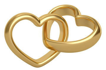 Heart shaped gold rings on white background.3D illustration.