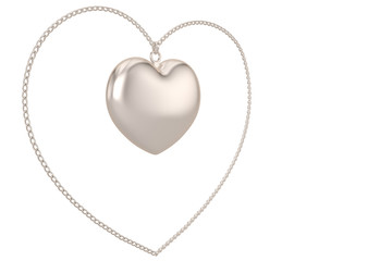Silver chain with heart on white background.3D illustration.