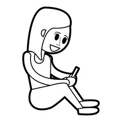 Flat line uncolored woman with smartphone over white background vector illustration