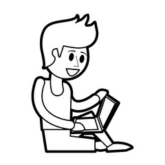 Flat line uncolored man with laptop over white background vector illustration