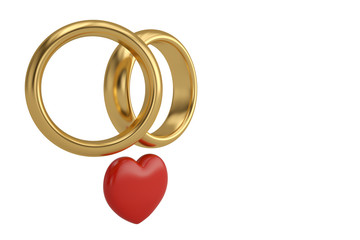 Red heart and gold ring on white background.3D illustration.