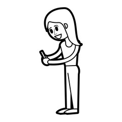 Flat line uncolored standing woman with smartphone over white background vector illustration
