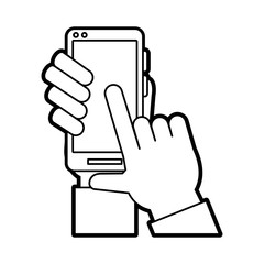 Flat line uncolored smartphone and hand over white background vector illustration
