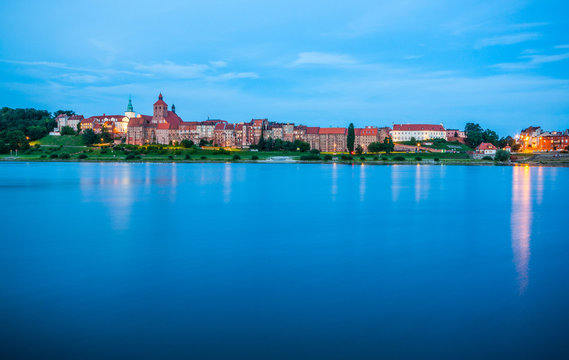 Grudziadz At Night With Wisla River, Poland