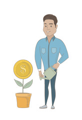 Hispanic businessman watering money flower. Man investing money in business project. Illustration of investment money in business. Vector sketch design illustration isolated on white background.