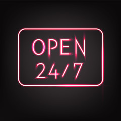 Neon signboard 24/7 hours on a black background. 24 hours Shop / Bar / Night club Neon lights. Vector illustration.